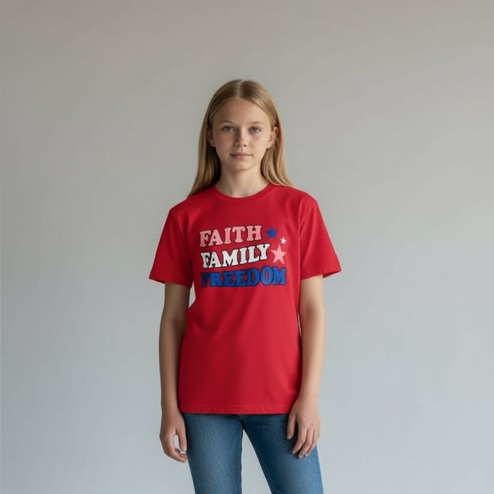 Way‎ to Celebrate Patriotic Women LG (12-14) Red Blue Faith Family Freedom Shirt